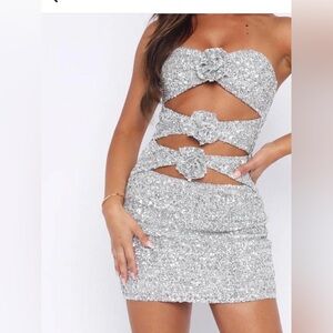 White Fox Silver Sequin Rosette Mini Dress